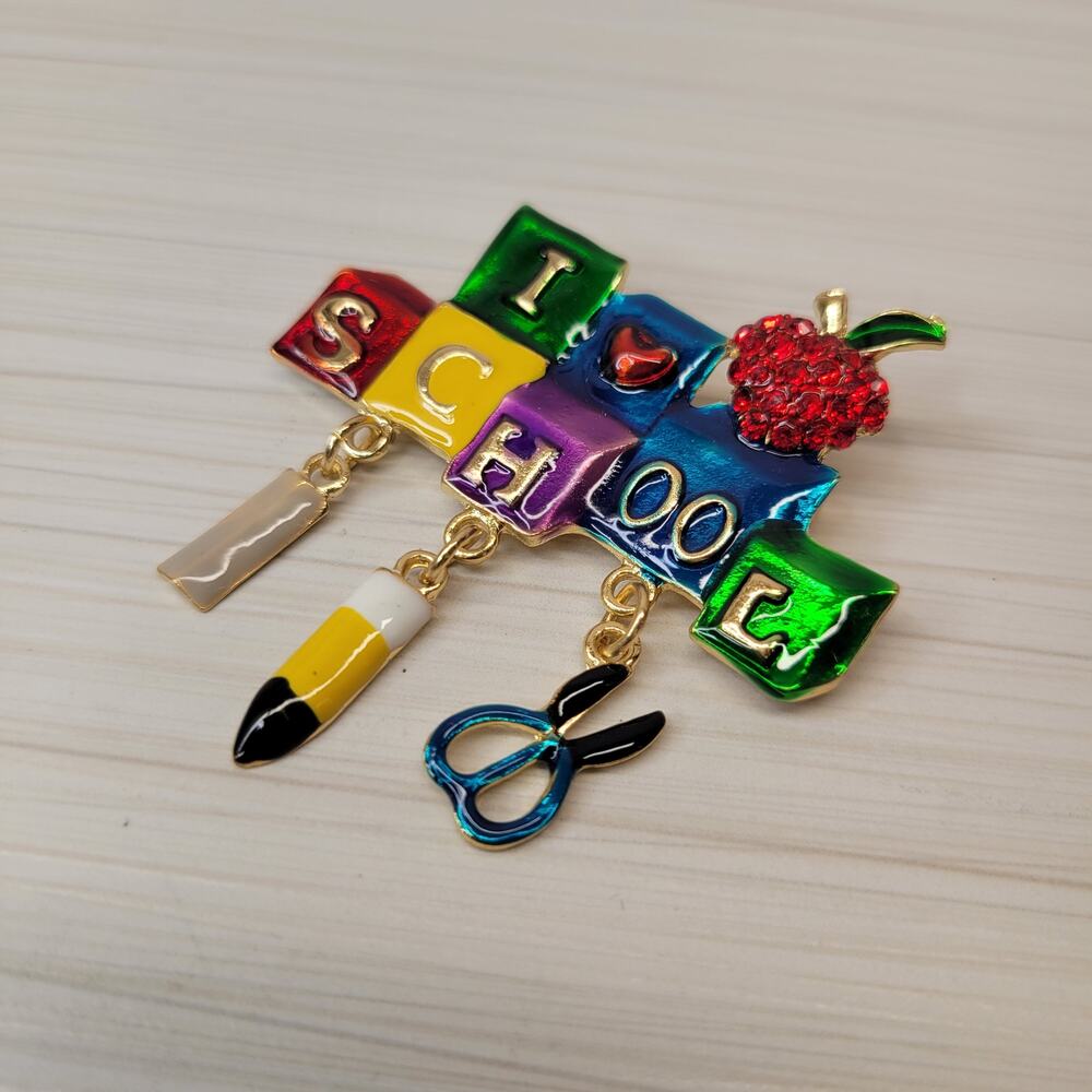 Teacher Gift!!  Colorful Block I Love School Pin with Dangle Figures